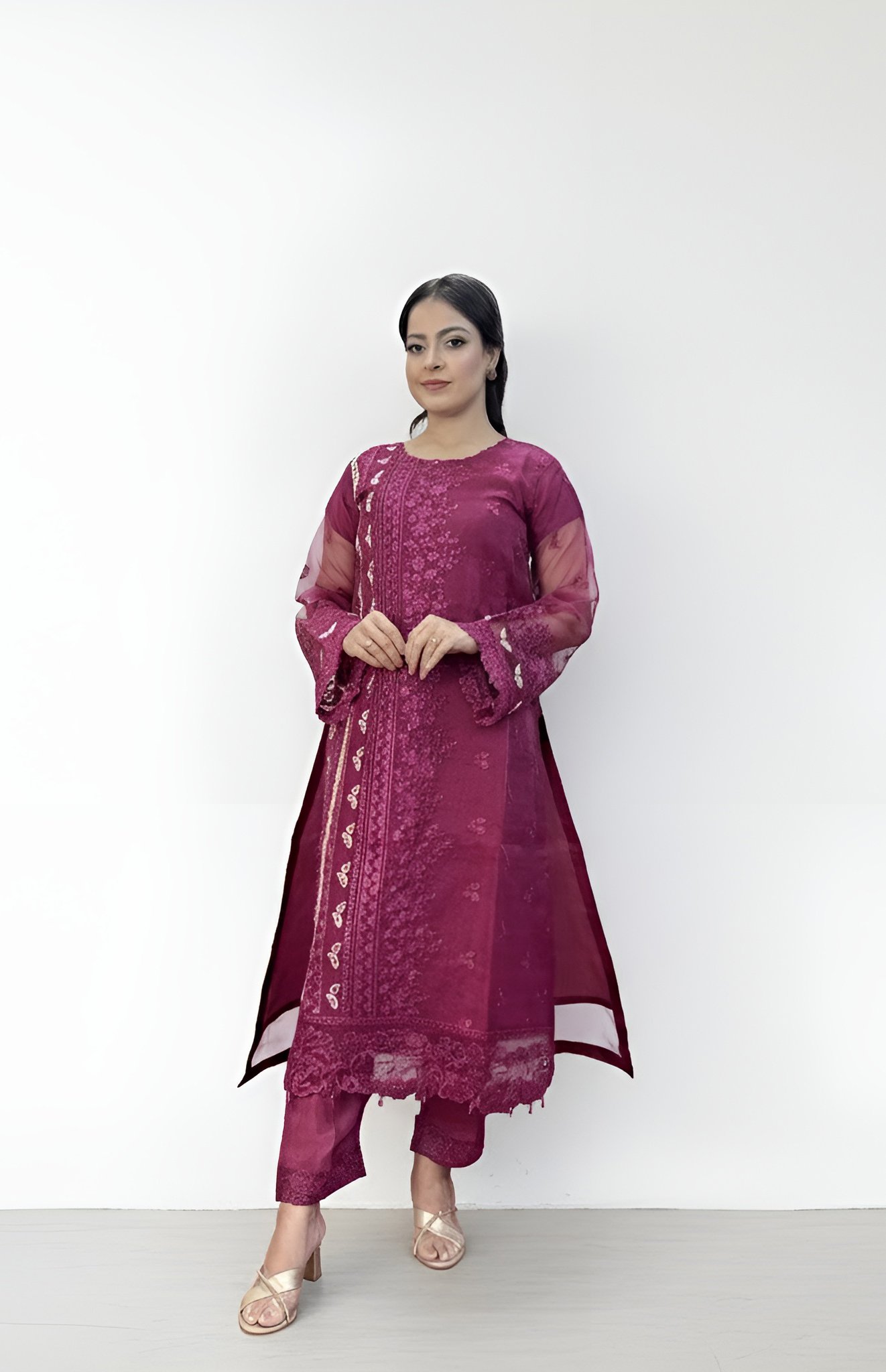 MAGENTA COLOR WITH SIDE BEIGE THREAD WORK - Image 2