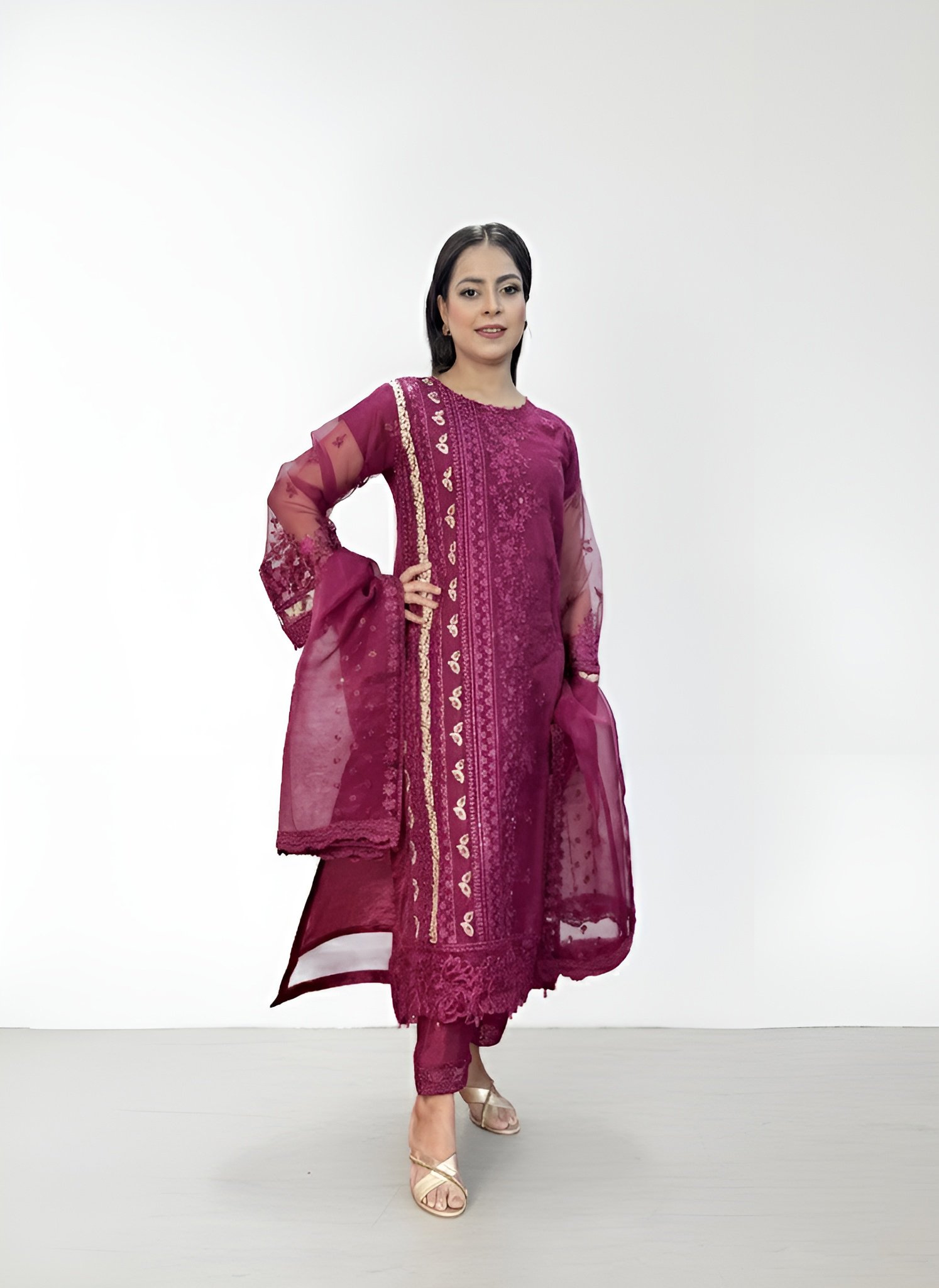 MAGENTA COLOR WITH SIDE BEIGE THREAD WORK - Image 3