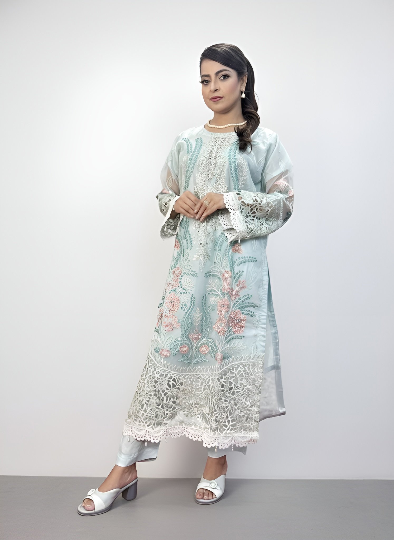 ICE BLUE ELEGANCE - 3 PIECE READY-TO-WEAR ORGANZA ENSEMBLE - Image 3