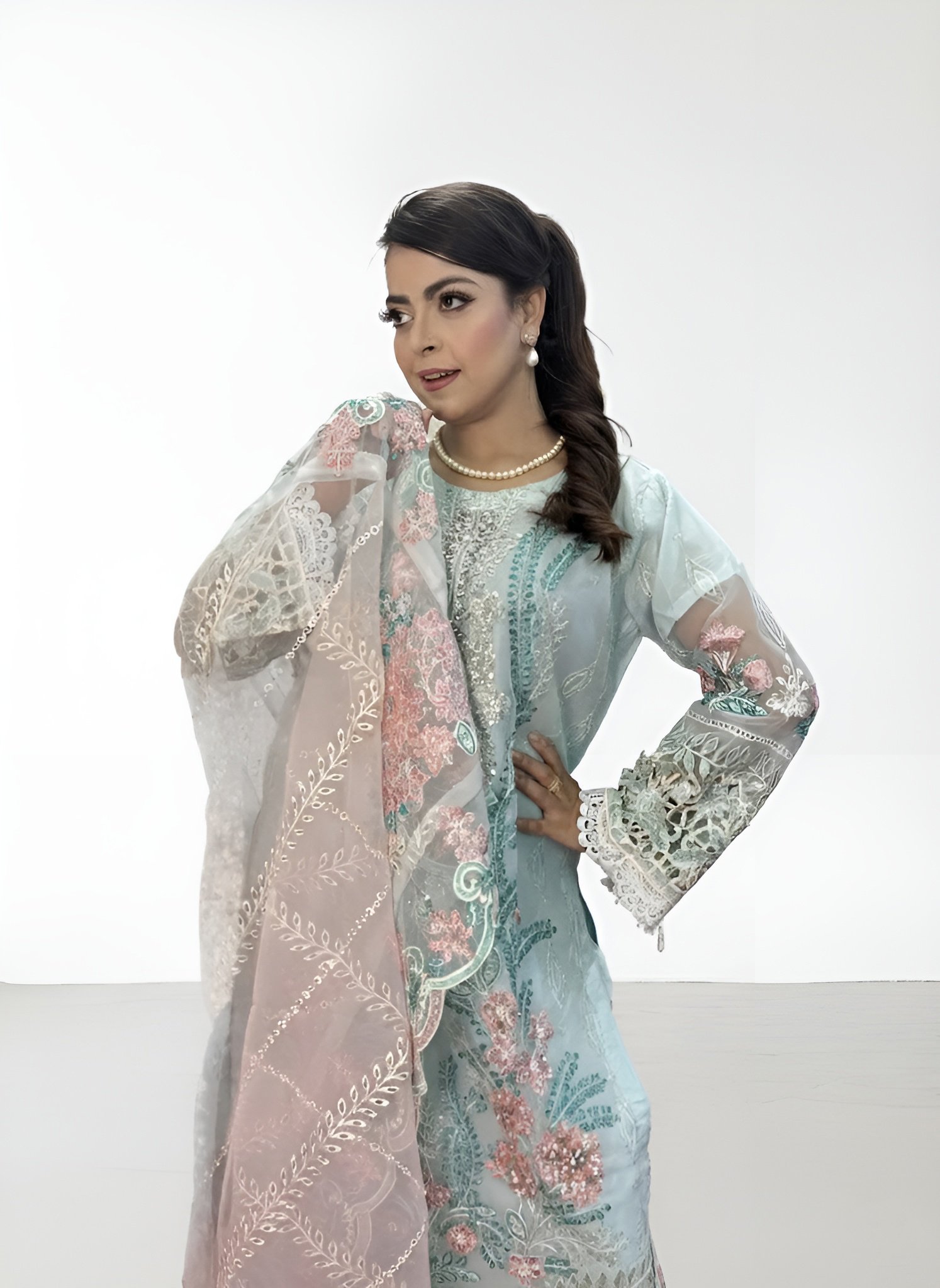 ICE BLUE ELEGANCE - 3 PIECE READY-TO-WEAR ORGANZA ENSEMBLE - Image 2