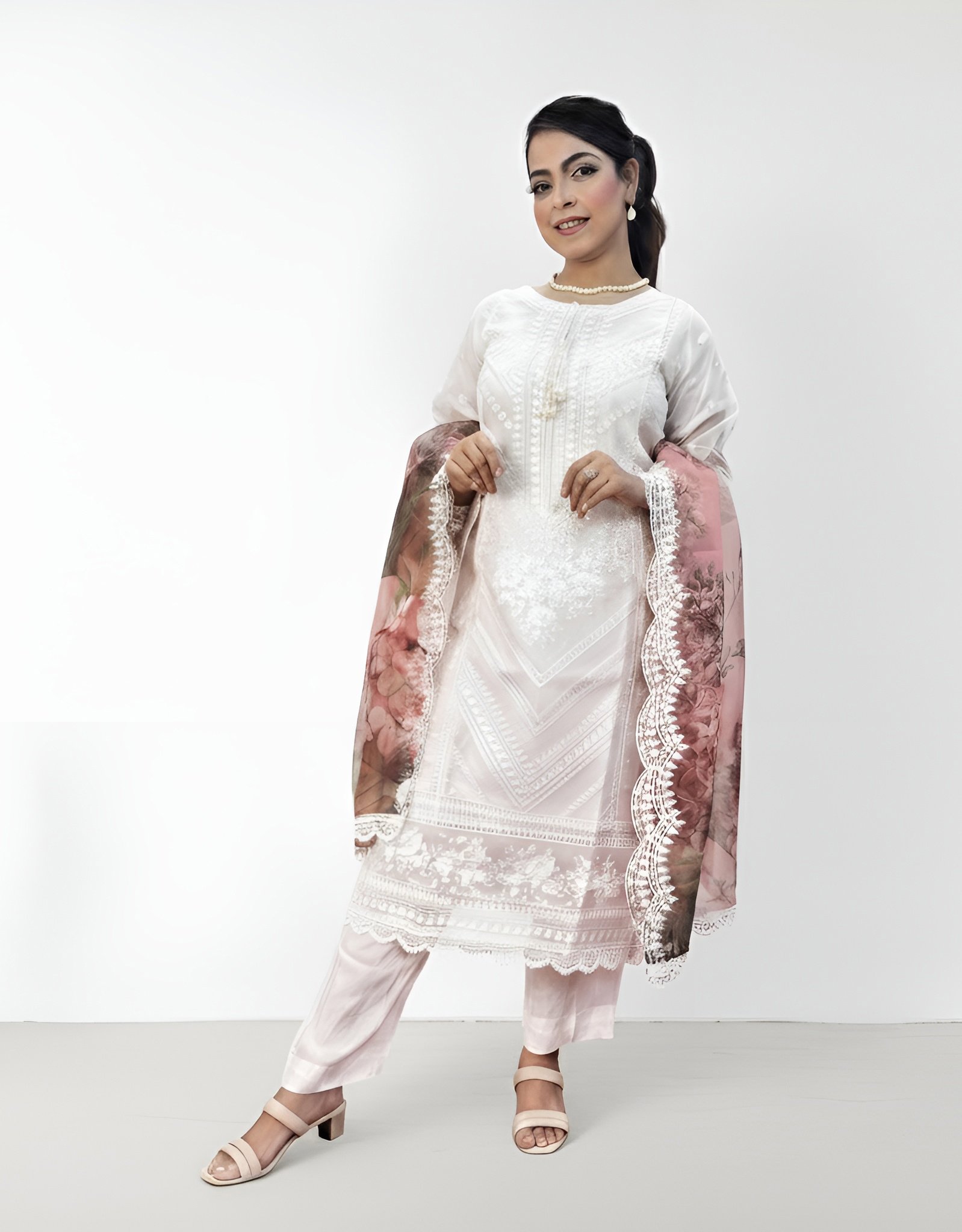 WHITE SUIT WITH PRINTED DUPATTA - Image 2